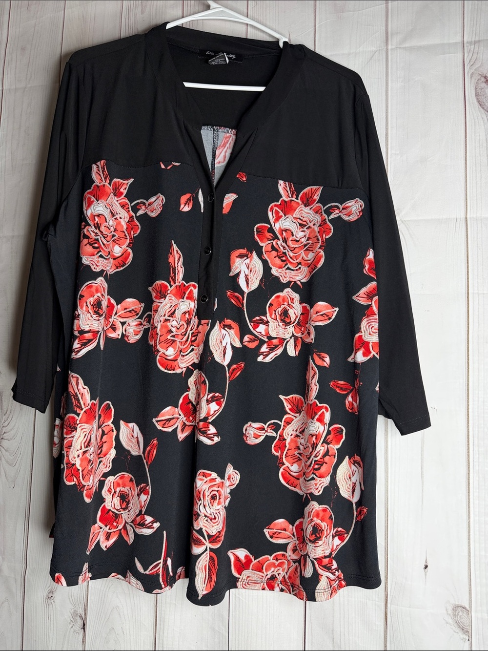 Elie Mccarthy Floral Button-Front Black & Red Women's Tunic Top 2xl -1185